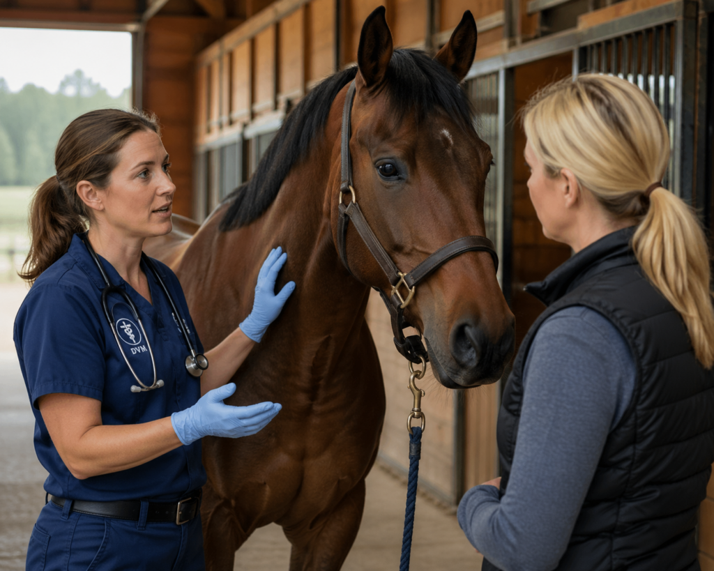 Horse, veterinarian, owner talking.
